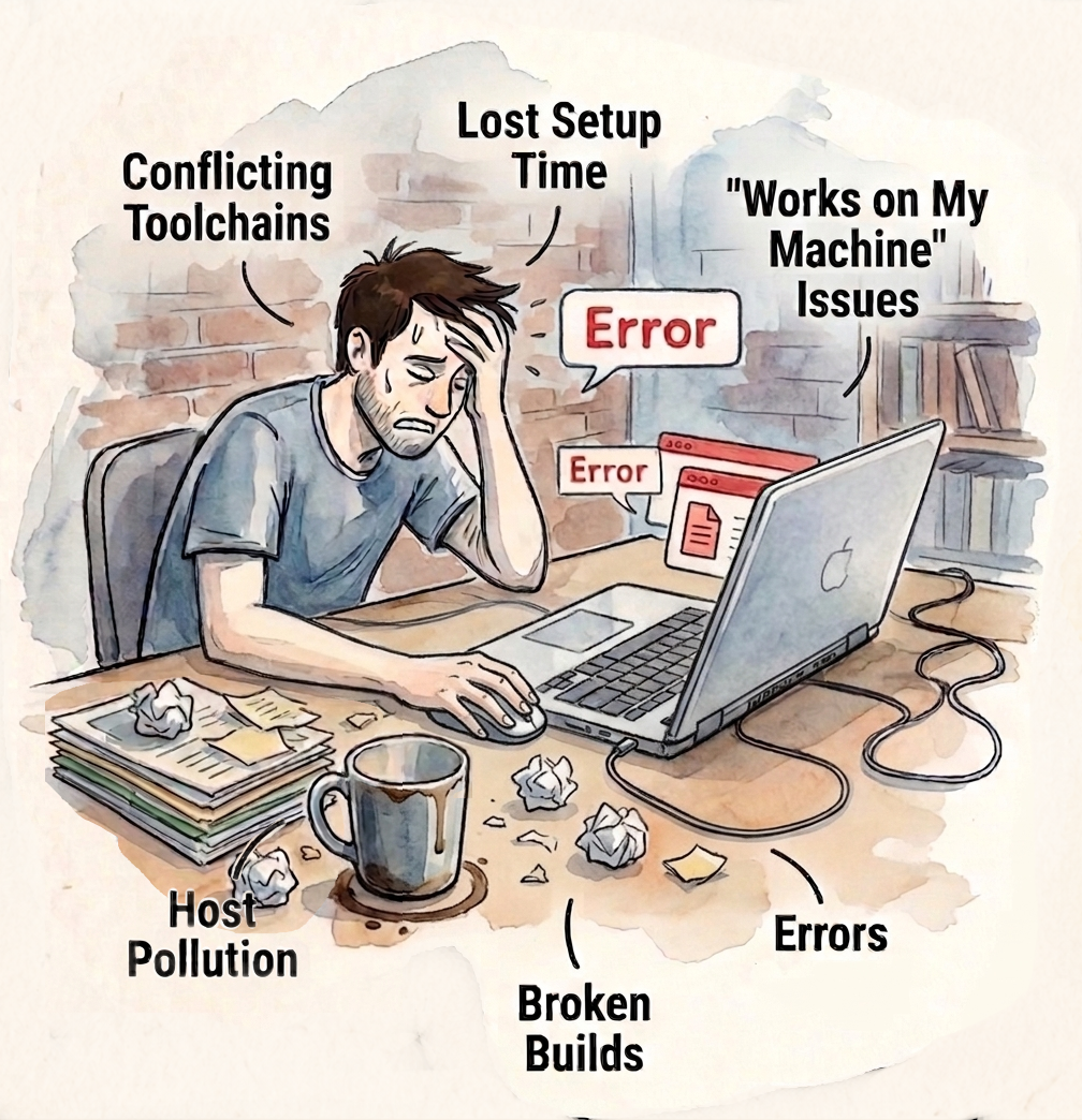 A developer frustrated by a screen full of environment errors that don't reproduce anywhere else