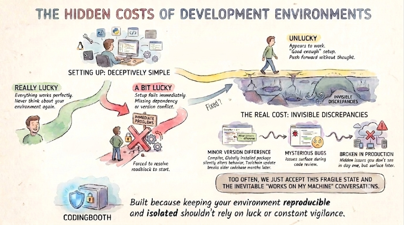 The hidden costs of development environments: the Really Lucky, A Bit Lucky, and Unlucky onboarding paths, and the slow creeping tax of invisible discrepancies that the Unlucky path hides