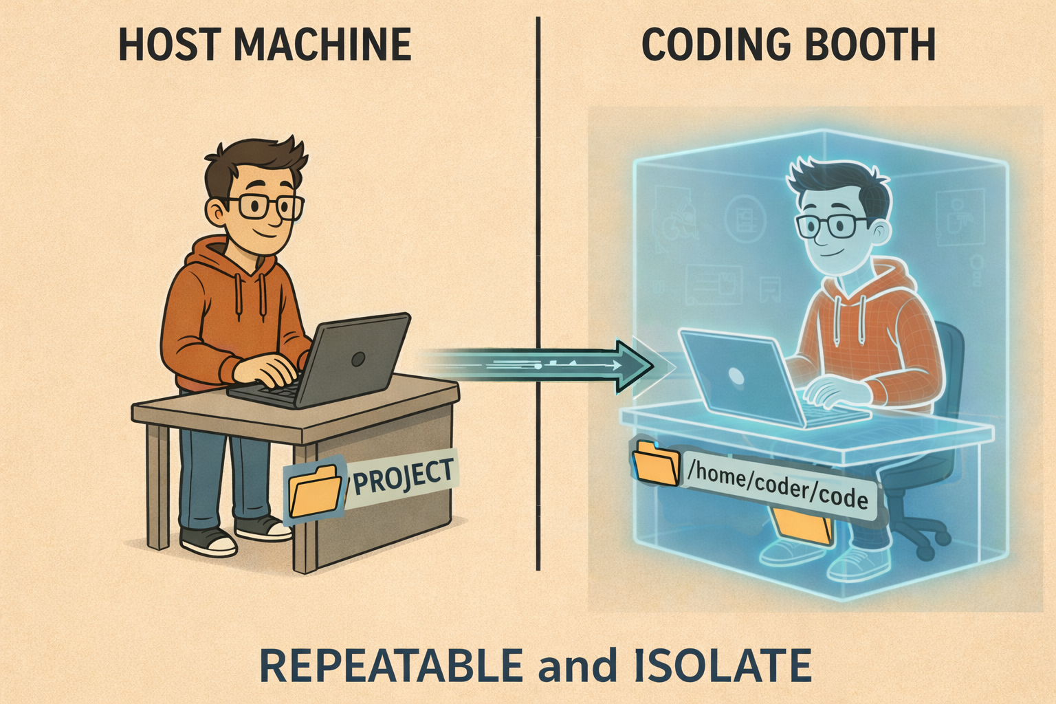 A messy host machine versus a clean, isolated booth holding only the current project