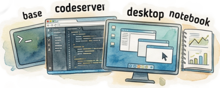 CodingBooth attach variants: terminal, browser VS Code, Jupyter, and a full Linux desktop, all sharing the same environment