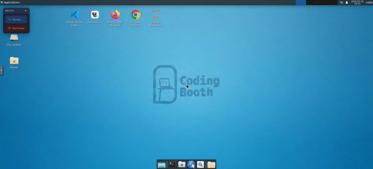 An XFCE desktop running in the browser, with DBeaver, JupyterLab, Visual Studio Code, Firefox and Chrome all sitting on the CodingBooth wallpaper