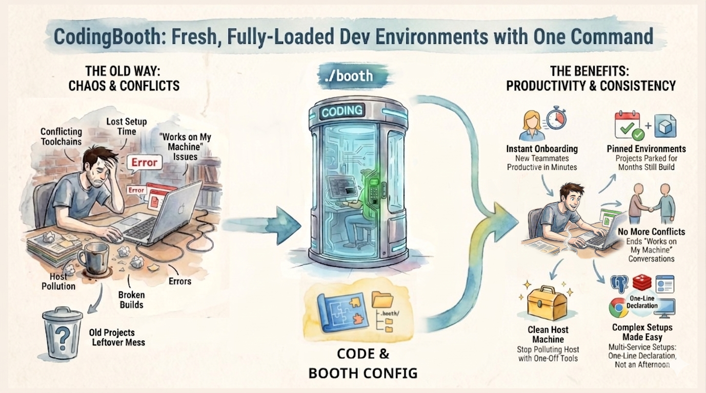 CodingBooth overview: chaos and conflicts on the left, the booth in the middle, productivity and consistency on the right